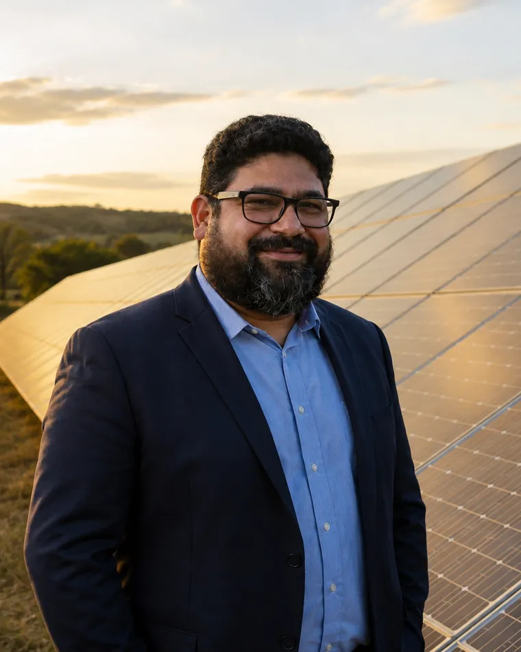 Cláudio Santos, responsável pela Ser Sustentável, diante de uma usina solar ao entardecer