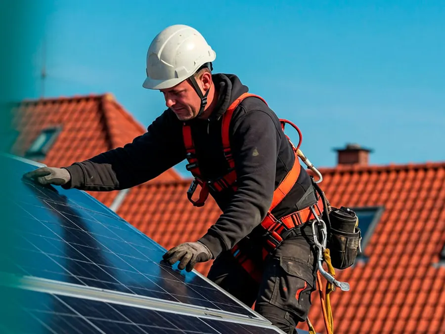 Técnico da Ser Sustentável instalando módulos fotovoltaicos no telhado de uma residência